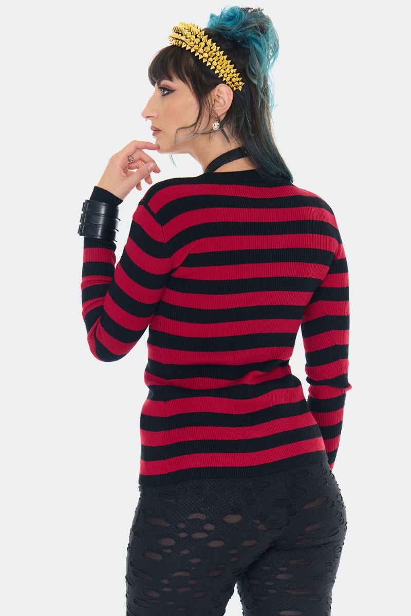 Schwarz/Rote Strickjacke Striped Red Lace Up Cardigan mit Schnürung an der Vorderseite von Jawbreaker