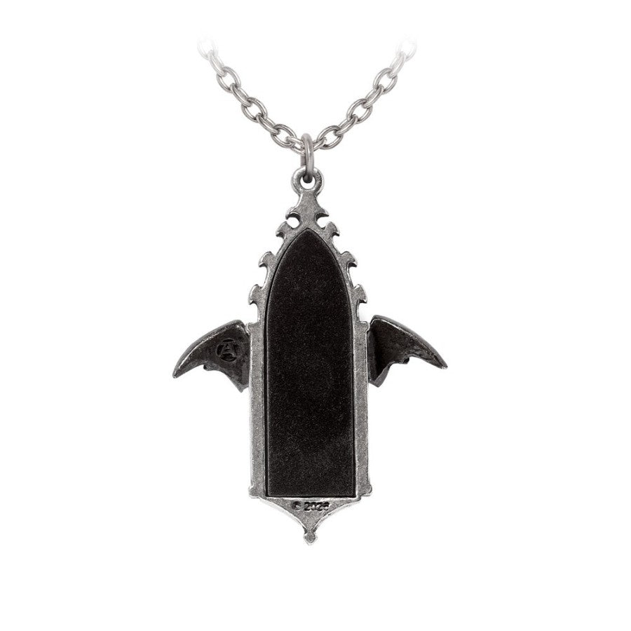 Silberfarbene Halskette Call Of The Undead Kette in Form eines Kathedralenfensters mit einer schwarzen Fledermaus von Alchemy