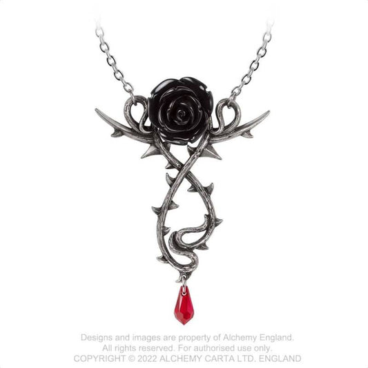 Silberfarbende Kette Carpathian Rose mit schwarzer Rose, Dornenranken und rotem Kristall von Alchemy