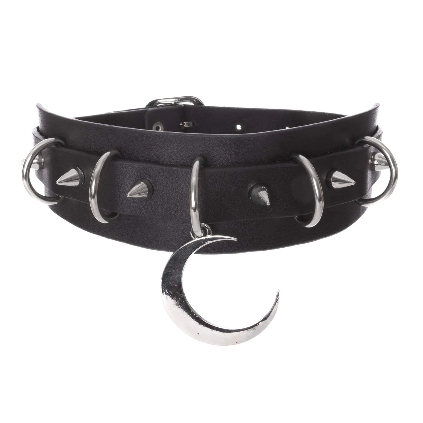 Schwarzes Halsband CELESTIAL CHOKER aus Kunstleder mit Spitznieten, Ringen und Mondanhänger von Poizen Industries