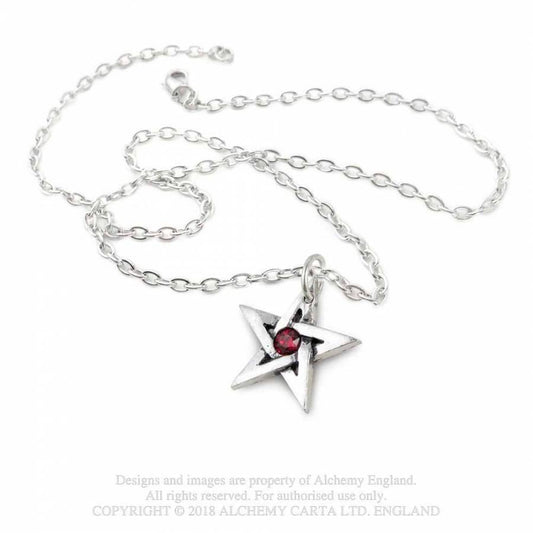Crystal Pentagram Kette von Alchemy mit einem verwobenen Pentagramm-Anhänger, besetzt mit einem einzelnen roten Swarovski-Kristall