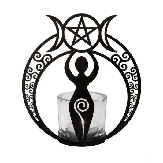 Eindrucksvoller Teelichthalter DANU GODDESS Tealight Holder aus schwarz beschichtetem Eisen und gehärtetem Glas von Alchemy