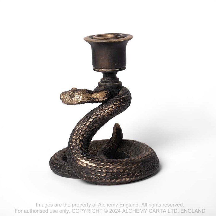 Schlangenförmiger Kerzenständer Death Rattle Candlestick aus Kunstharz mit antikem Gold-Finish von Alchemy England