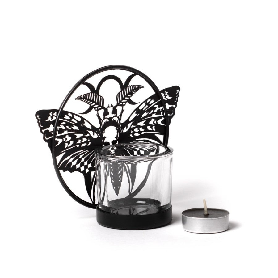 Eindrucksvoller Teelichthalter Death's Head Moth Tealight Holder aus schwarz beschichtetem Eisen und gehärtetem Glas von Alchemy