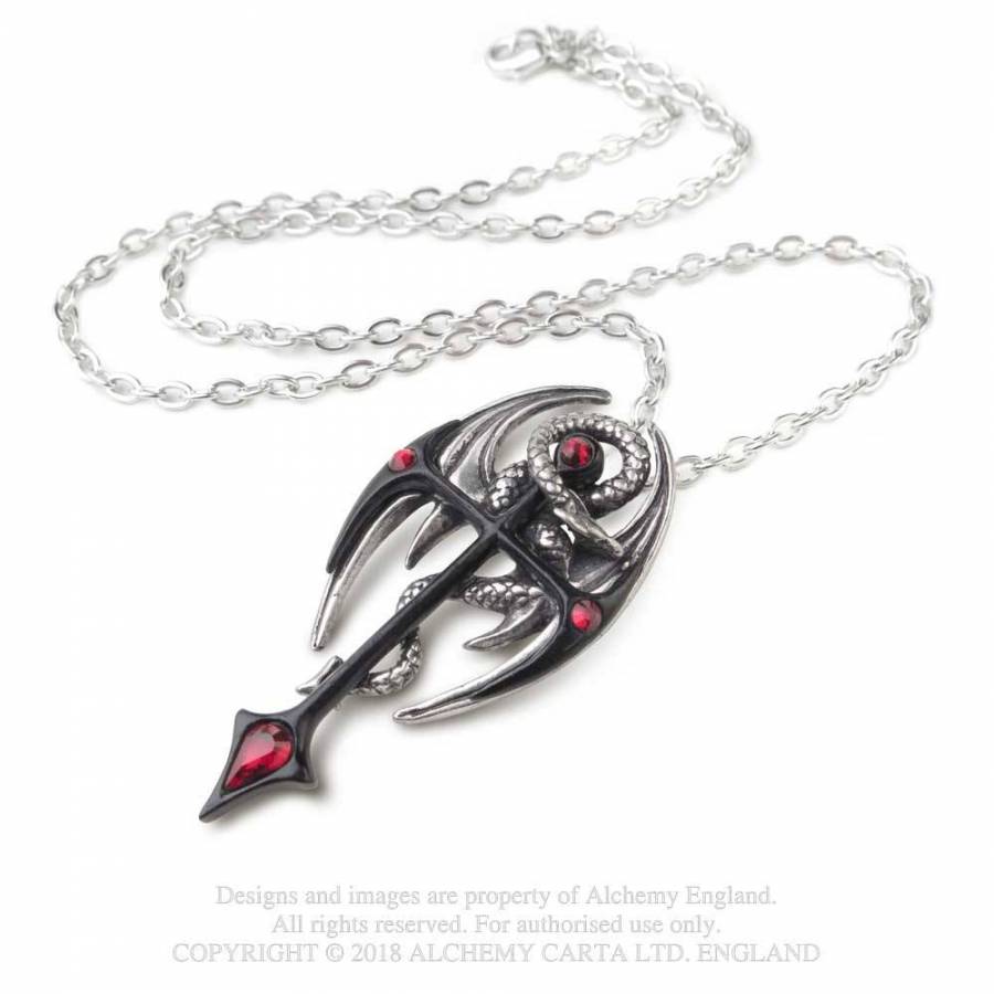 Draconkreuz Kette von Alchemy mit Kreuzanhänger aus Zinn, der von einem Drachen umhüllt und mit vier roten österreichischen Kristallen besetzt ist