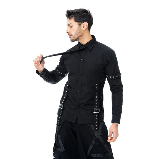 Schwarzes Hemd DRYSTAN SHIRT mit Zierbändern und Krawatte von Poizen Industries