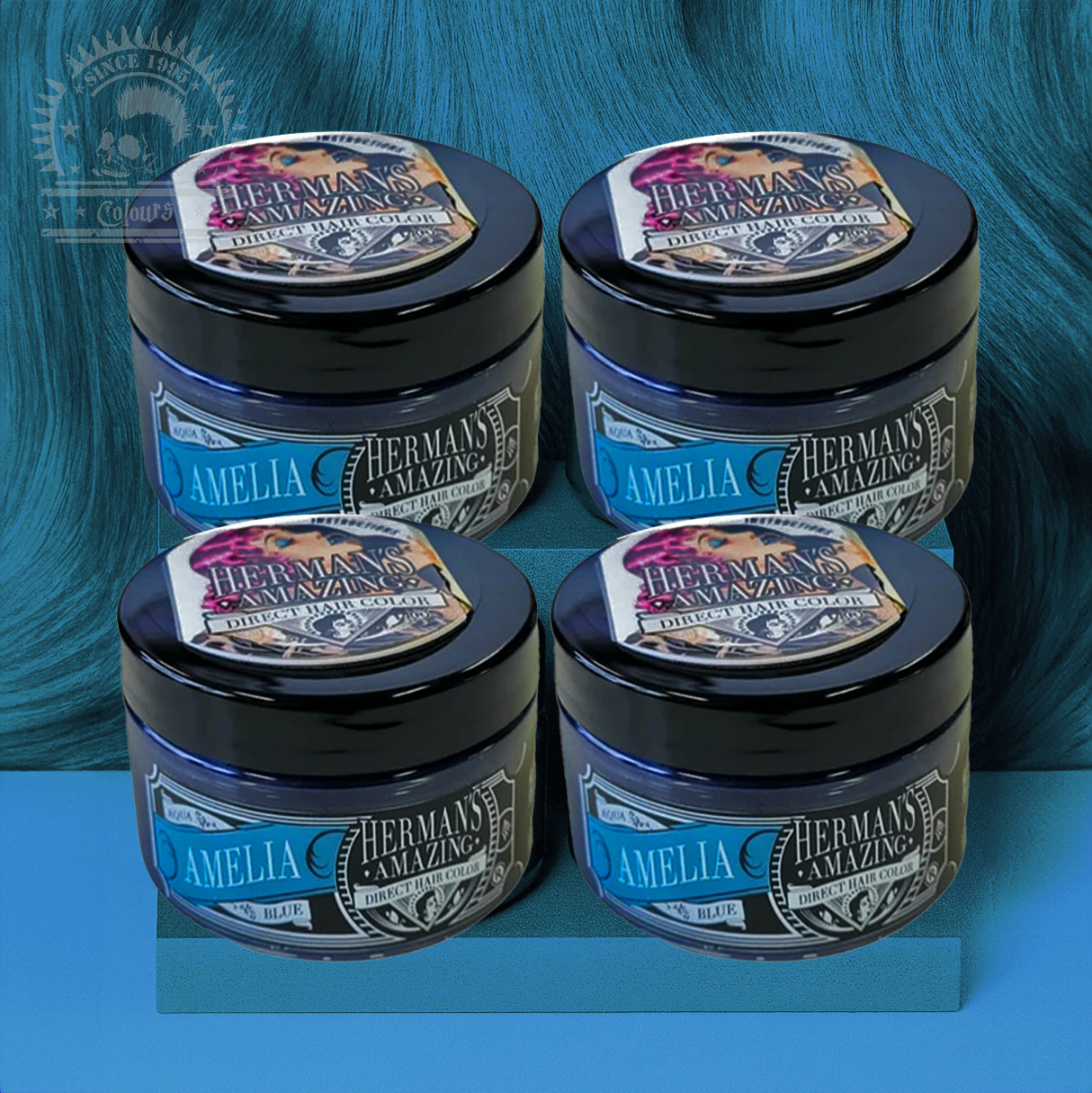 semi-permanente Haartönung 4er-Sparset AMELIA AQUA BLUE in dem Farbton Dunkeltürkis von Herman's Amazing