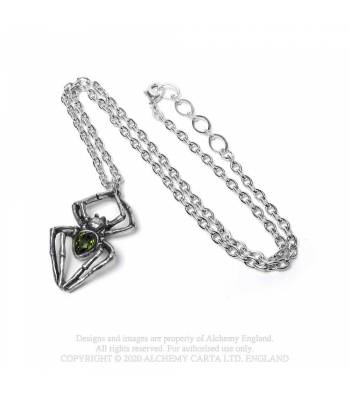 Emerald Spiderling Kette von Alchemy mit einem Spinnenanhänger, welcher mit einem smaragdgrünen <span lang="de" class="Y2IQFc">Swarovski-Kristall verziert ist</span>
