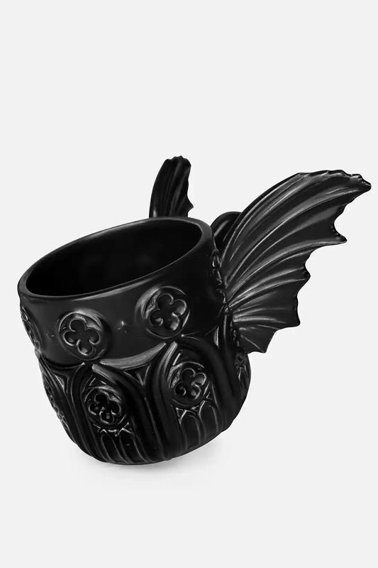 Schwarze Tasse BATWING TEA-CUP mit Kathedralendesign und Fledermausflügeln von Restyle