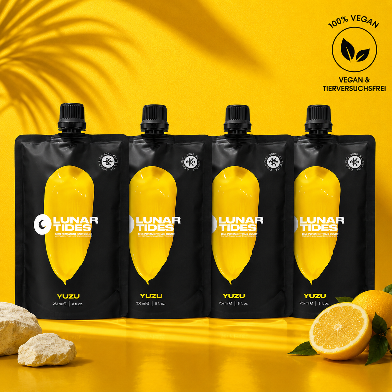 Vier semi-permanente Haartönungen 4er-Sparset Yuzu Yellow in dem Farbton Sonnengelb von Lunar Tides