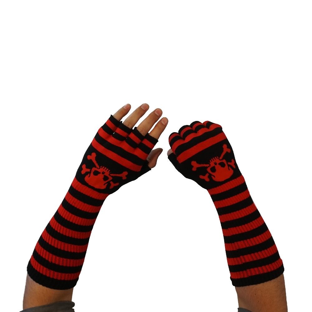 Gestreifte Handschuhe Schwarz Rot Skull