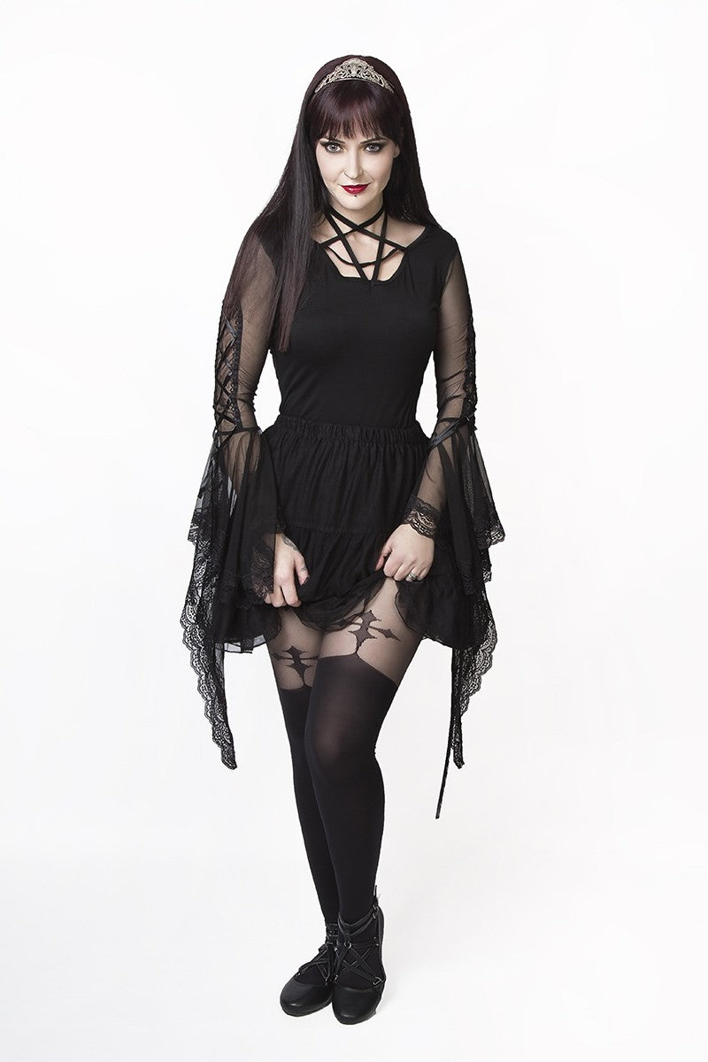 Schwarze Nylonstrumpfhose Gothic Cross Suspender Tights mit Kreuz auf dem Oberschenkel von Pamela Mann