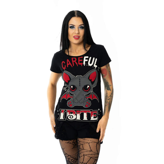 Schwarzes Oberteil I BITE T-SHIRT mit niedlichem Fledermausprint von Cupcake Cult