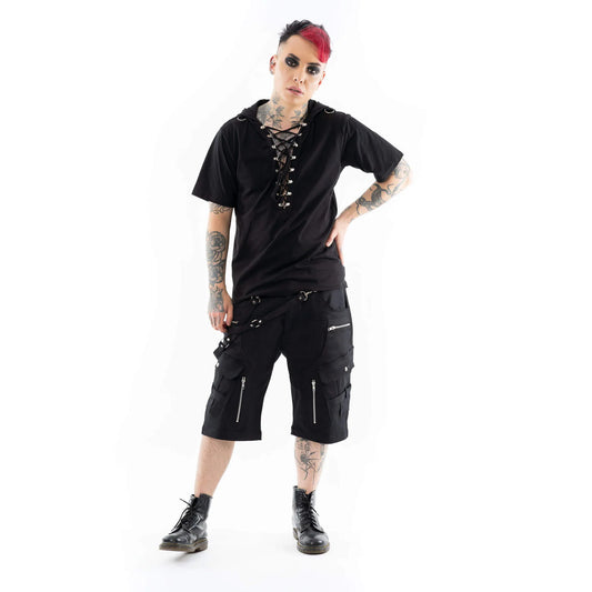 Schwarzes Oberteil KADIR TOP mit Zierschnürung und Kapuze von Vixxsin