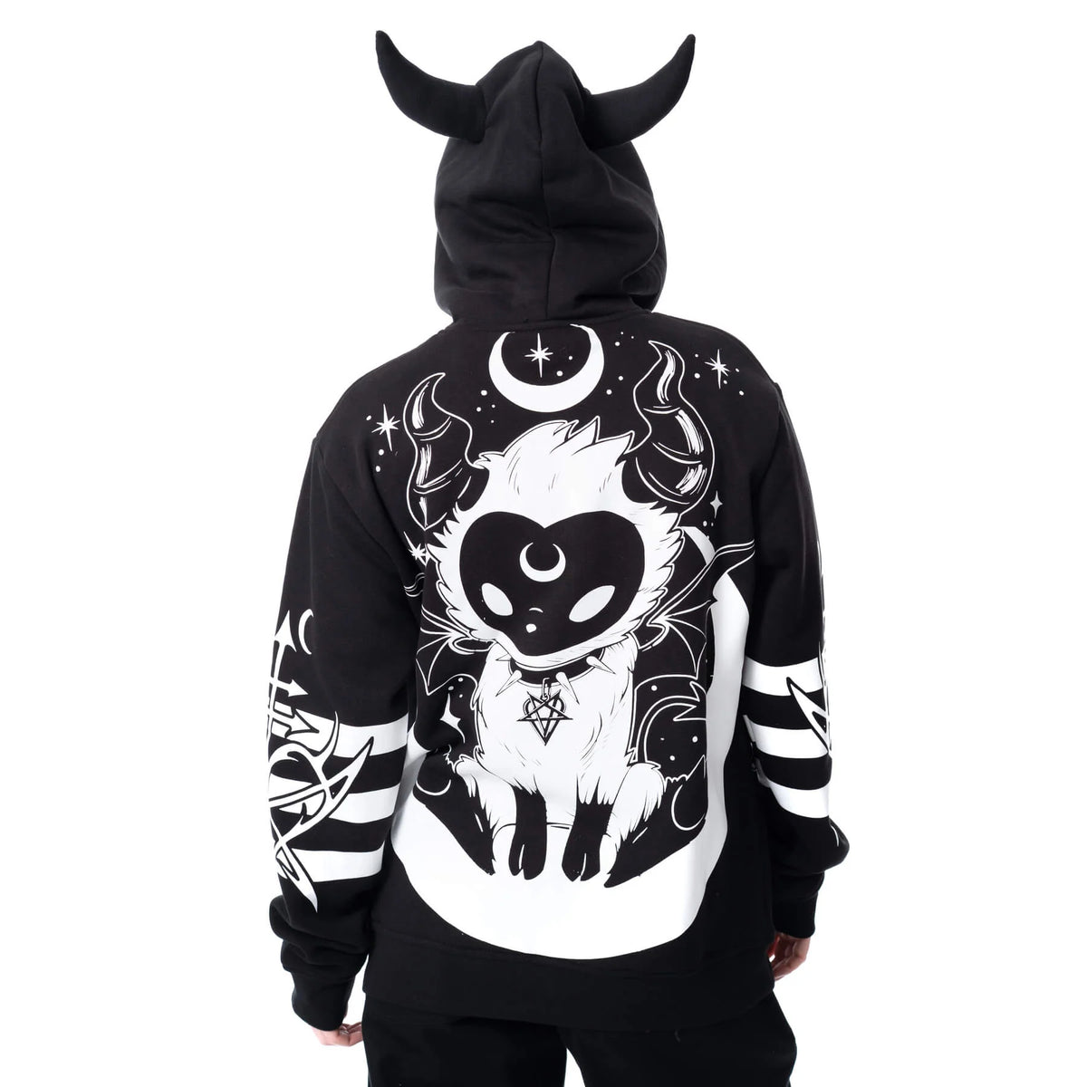 Schwarze Sweatshirtjacke LOST DEMON HOOD mit Allover-Print und Hörnern auf der Kapuze von Heartless