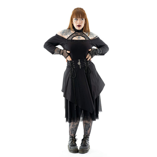 Schwarzer, knielanger Rock MALI SKIRT mit Zierschnürungen, Tüllschicht und Pentagramanhänger von Heartless