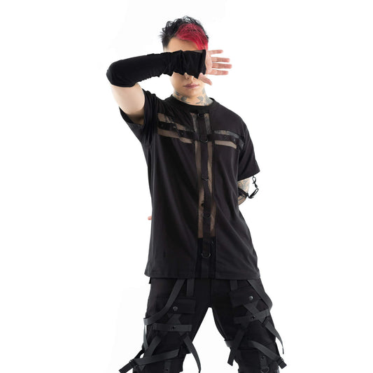 Schwarzes Oberteil MICAH TOP mit großem Netz-Kreuz und abnehmbaren Netzärmeln von Heartless