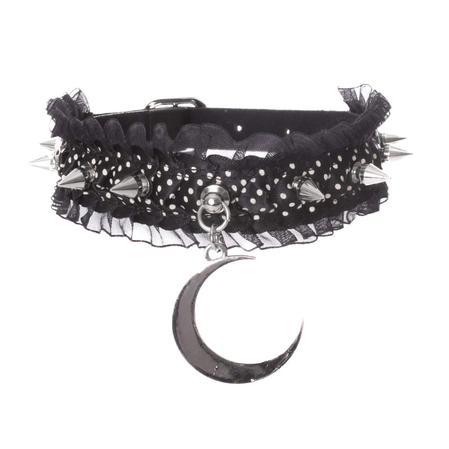 Schwarzes Halsband MIDNIGHT CHOKER aus Kunstleder mit Killernieten, Spitzensaum und Mondanhänger von Poizen Industries