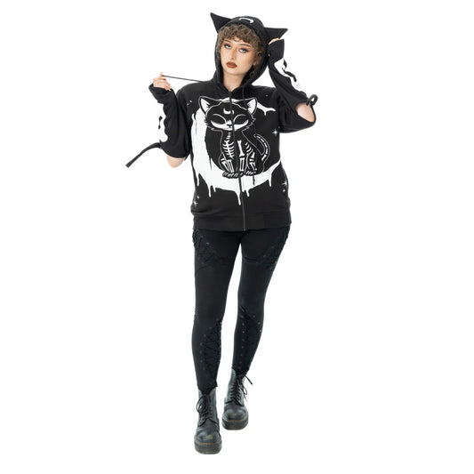 Schwarze Sweatshirtjacke MOONLIGHT HOOD mit Katzenprint und Schnürungen von Heartless