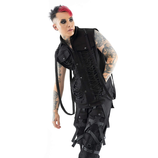 Schwarze Weste NOLEN VEST mit Zierschnürung und abnehmbaren Riemen von Vixxsin