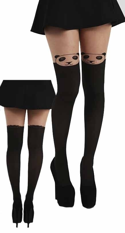 Schwarze Nylonstrumpfhose Panda Overknee Tights mit Pandagesicht über dem Knie von Pamela Mann