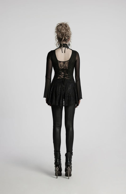 Schwarzes Shirt Danae Dark Laced Gothic Top mit floralem Spitzenmuster von Punk Rave