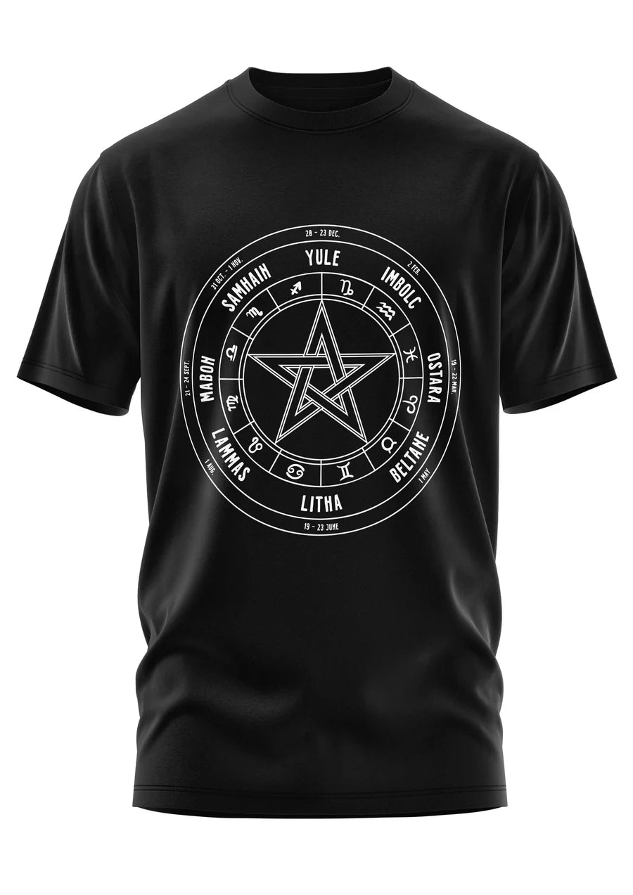Schwarzes Oberteil PAGAN WHEEL Shirt mit großem Okkultem Print von Easure