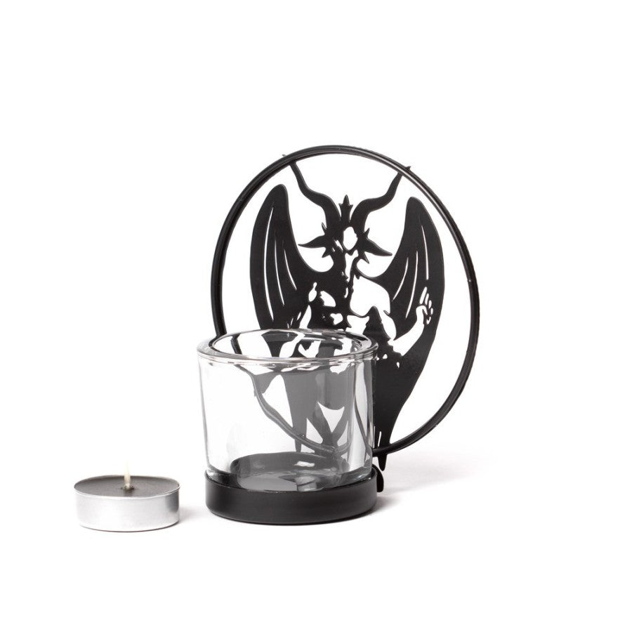 Eindrucksvoller Teelichthalter PERSONAL BAPHOMET Tealight Holder aus schwarz beschichtetem Eisen und gehärtetem Glas von Alchemy