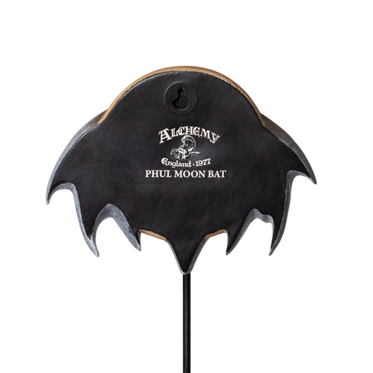 Kunstvoll gestalteter Dekoständer Phul Moon Bat Masque aus Kunstharz in Mondform mit Fledermaus im Vordergrund von Alchemy England