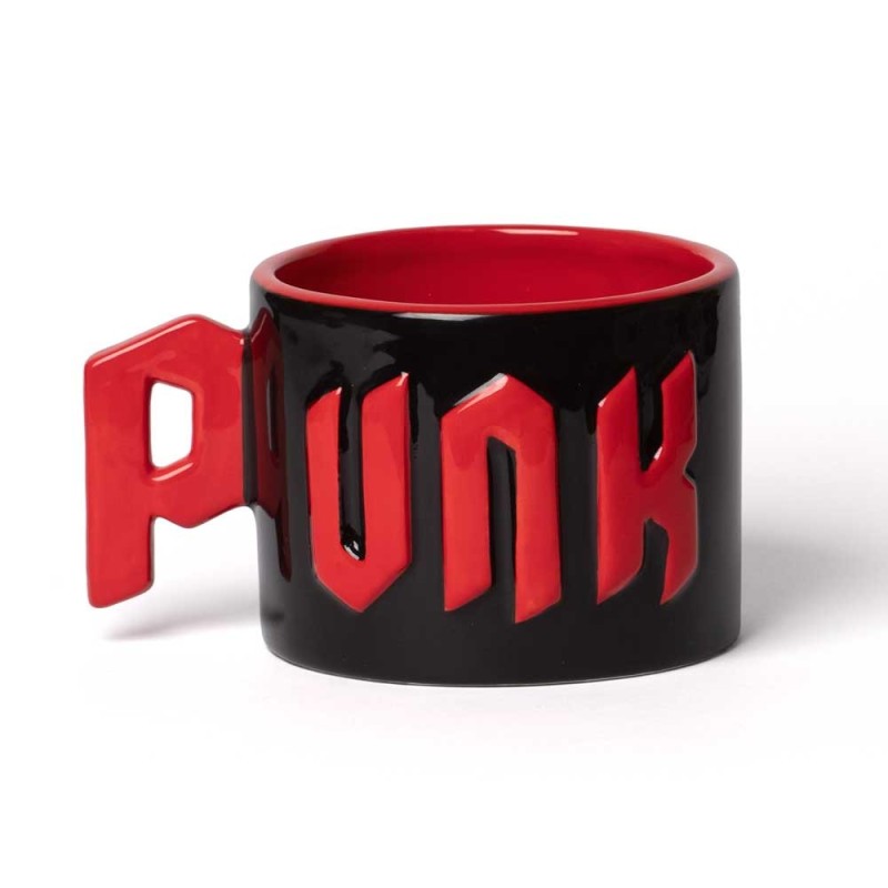 Handbemalter schwarzer Becher Punk Statement Mug mit roten, glasierten Buchstaben von Alchemy