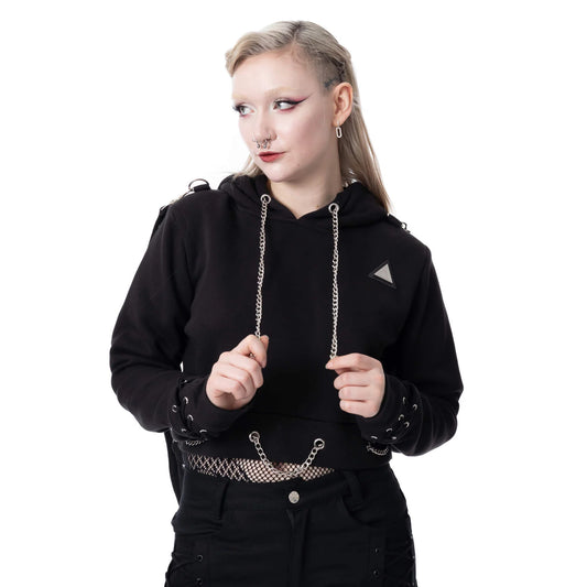Schwarzer, bauchfreier Pullover SCORN CROPPED HOOD mit Riemen und Zierketten von Chemical Black