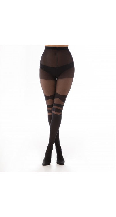 Schwarze Nylonstrumpfhose Sheer Strap Tights mit Streifendruck über dem Knie von Pamela Mann