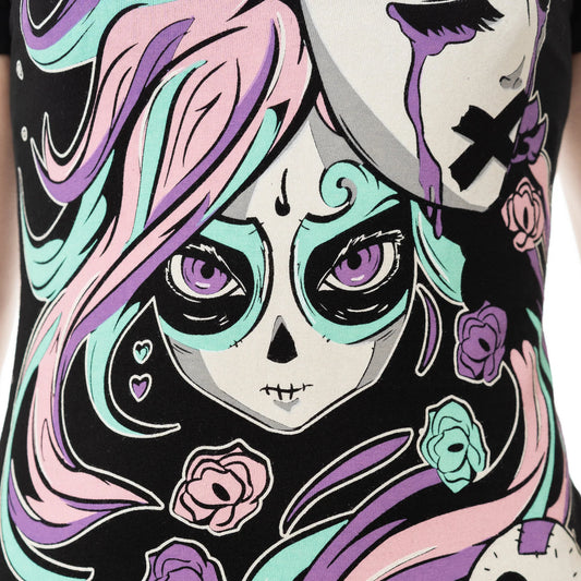 Schwarzes Oberteil SILENCE MASK T SHIRT mit pastelfarbenem Mädchenprint von Cupcake Cult