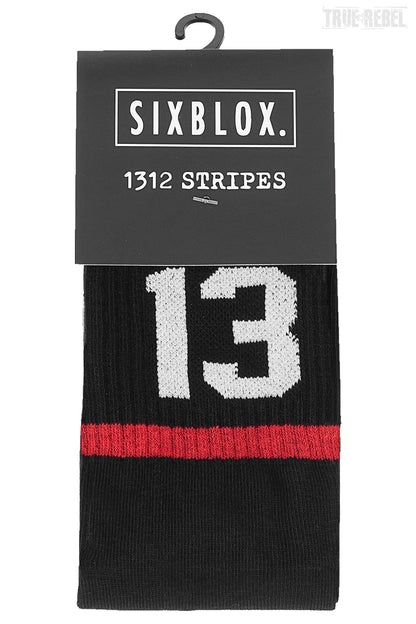 Schwarze Socks 1312 Stripes Black mit 1312 Schriftzug und Streifen über und unter der Schrift von Sixblox