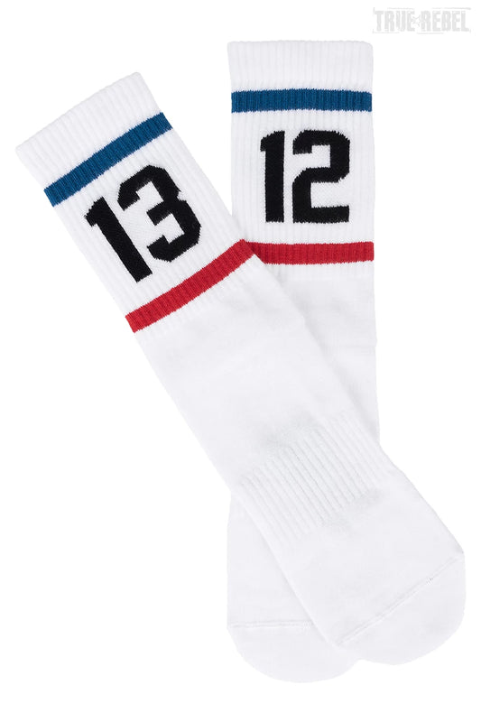 Weiße Socks 1312 Stripes White mit 1312 Schrift und Streifen über und unter der Schrift von Sixblox