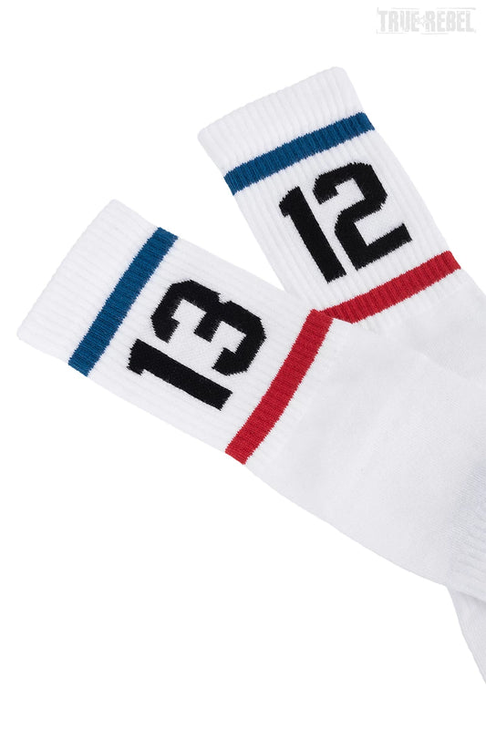 Weiße Socks 1312 Stripes White mit 1312 Schrift und Streifen über und unter der Schrift von Sixblox