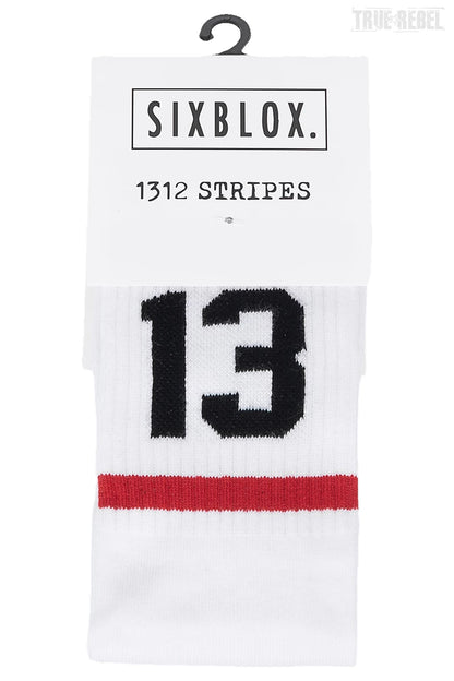 Weiße Socks 1312 Stripes White mit 1312 Schrift und Streifen über und unter der Schrift von Sixblox