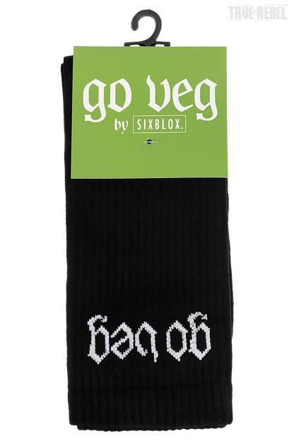 Schwarze Baumwollsocken mit weißer Aufschrift GO VEG von Sixblox