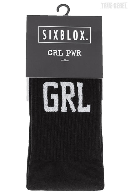Schwarze Socks GRL PWR Black mit GRL PWR Schriftzug von Sixblox