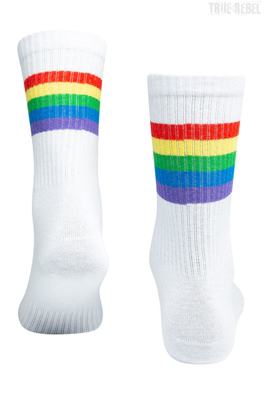 Weiße Socks Pride White mit Regenbogenstsreifen von Sixblox