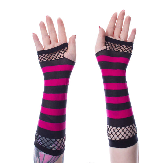 Gestreifte BLACK/PINK STRIPED MESH GLOVES mit Fishnetz-Einsätzen oben und unten und mit Daumenlöchern von Poizen Industries