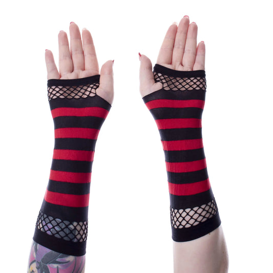 Gestreifte BLACK/RED STRIPED MESH GLOVES mit Fishnetz-Einsätzen oben und unten und mit Daumenlöchern von Poizen Industries