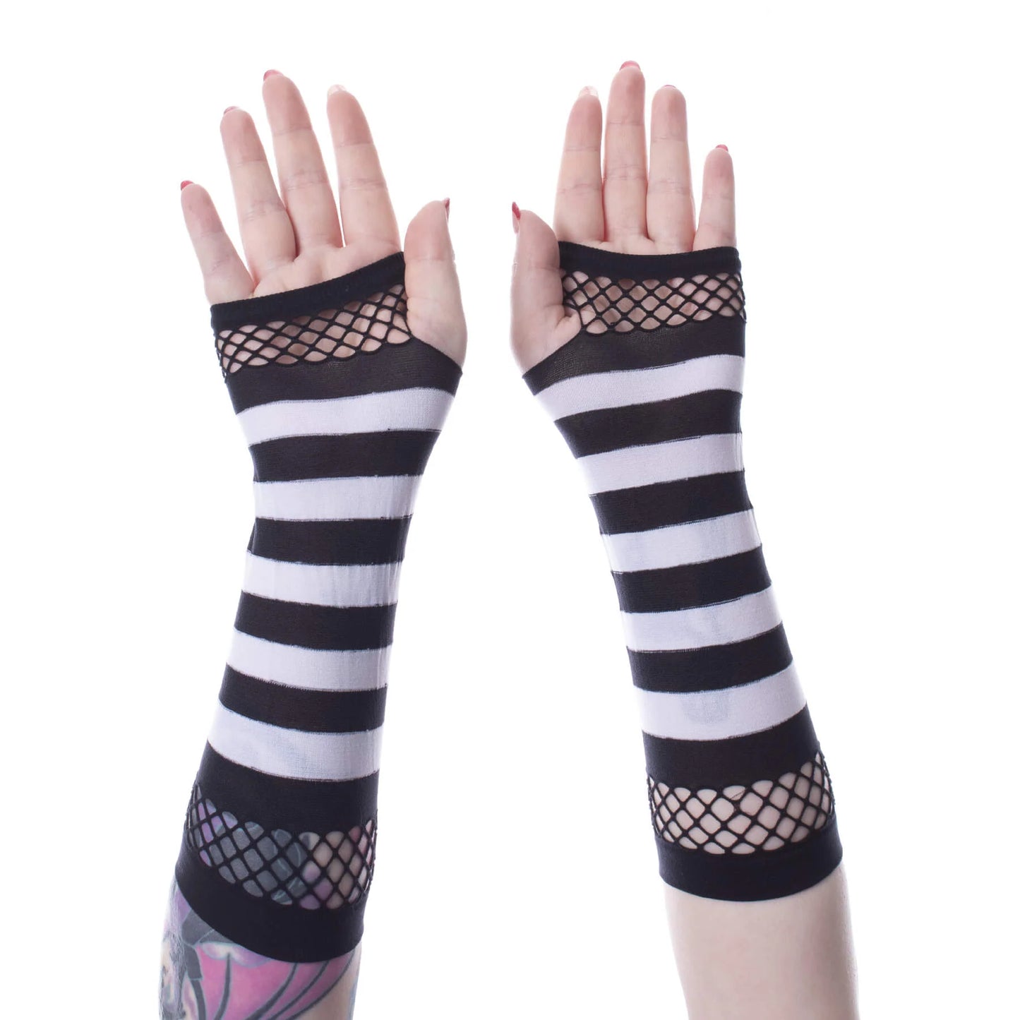Gestreifte BLACK/WHITE STRIPED MESH GLOVES mit Fishnetz-Einsätzen oben und unten und mit Daumenlöchern von Poizen Industries