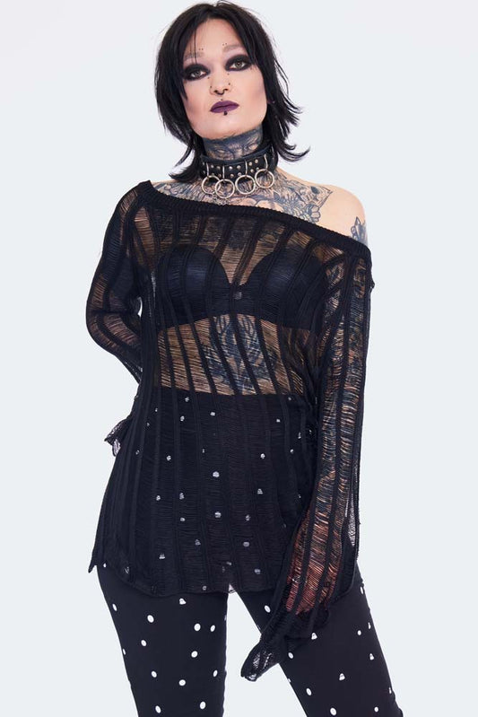 Schwarzer Pullover LOOSE KNIT STRIPED JUMPER mit lockerer Leiterstrickoptik von Jawbreaker