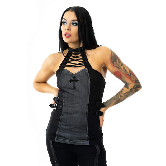 Schwarz, graues ärmeloses Oberteil THYLANE TOP mit Zierschnürung, Kreuz auf der Vorderseit und Chokerdetail von Poizen Industries