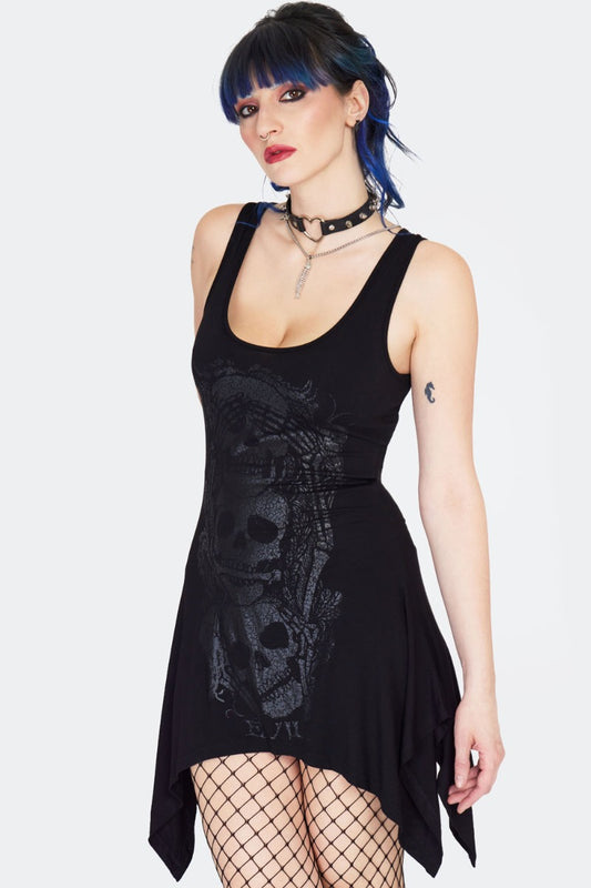 Schwarzes No Evil Tie Back Tunic Top mit Totenkopfprint und Schnürung am Rücken von Jawbreaker