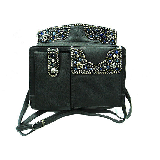 Schwarze Lederhandtasche Schultertasche Elly Blau im Organizer-Stil vom Strass-Depot