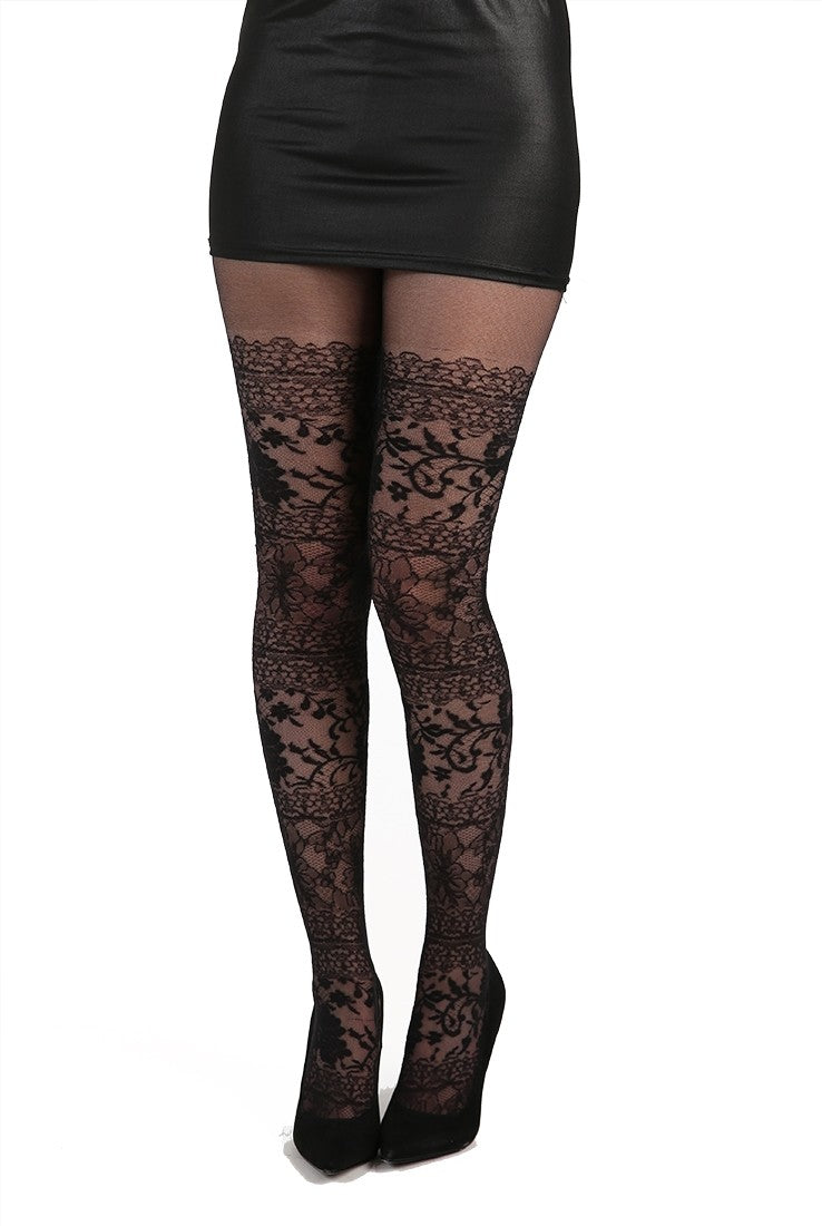 Schwarze Nylonstrumpfhose Vintage Lace Tights mit floralem Spitzenmuster von Pamela Mann