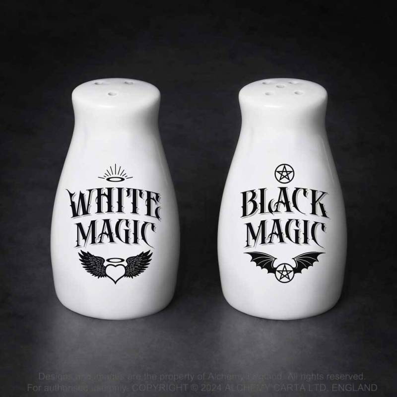 Weißes Magic Salt And Pepper Set von Alchemy mit Aufschrift 'Black Magic' und 'White Magic'