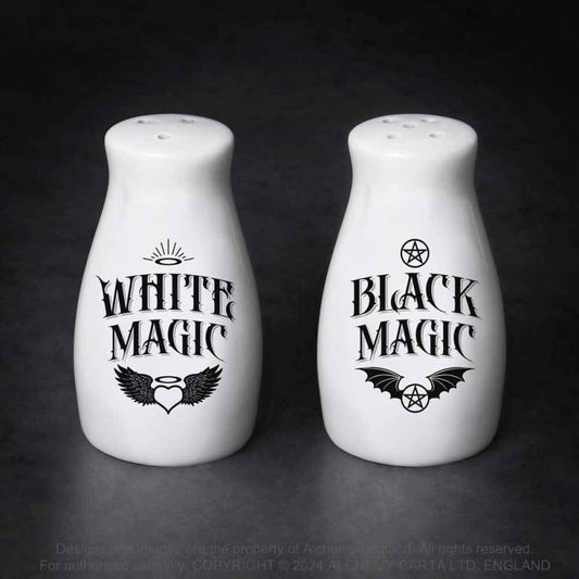 Weißes Magic Salt And Pepper Set von Alchemy mit Aufschrift 'Black Magic' und 'White Magic'